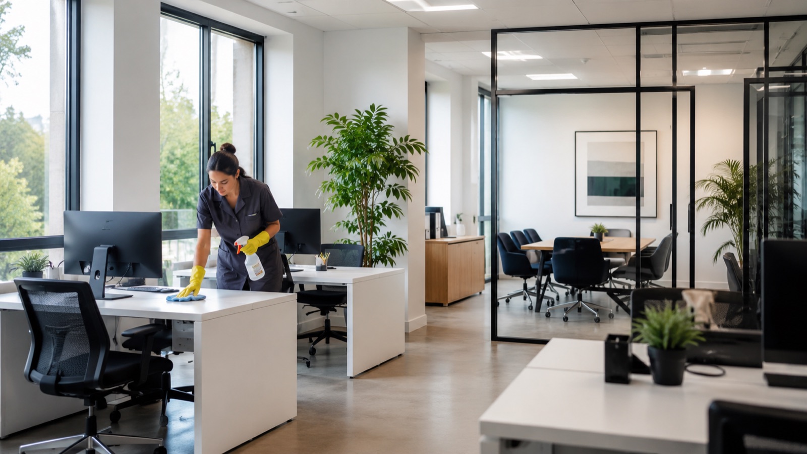 Entretien régulier de bureaux : postes de travail et salle de réunion impeccables